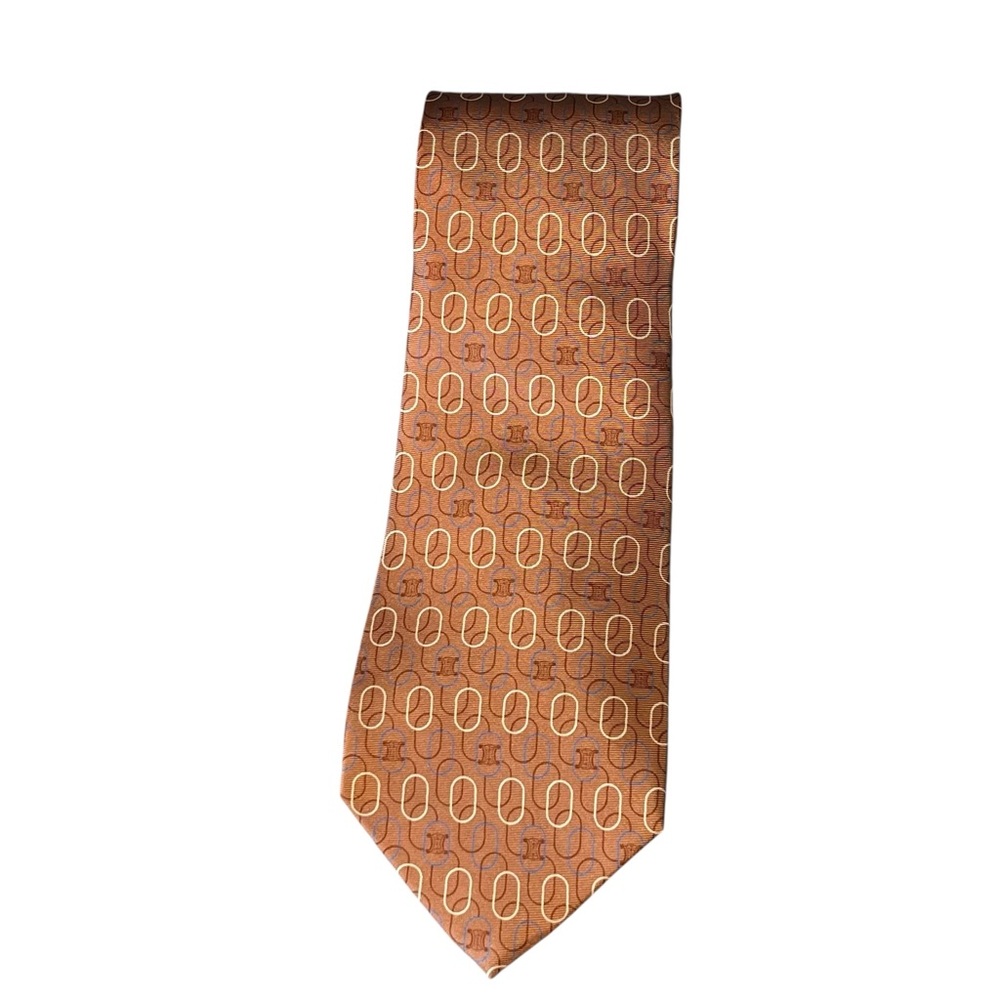 Celine Orange Patterned Silk Tie with Cream Accents